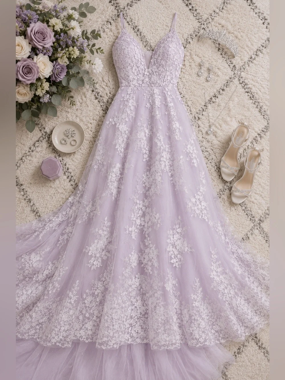 Lavender Lace A-Line Wedding Dress Size XS Floral Appliqué Tulle Bridal Gown - Picture 3 of 7